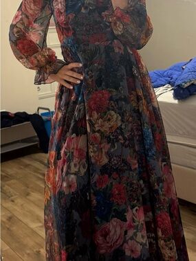 Floral Long Sleeve Maxi Dress - Navy Multi